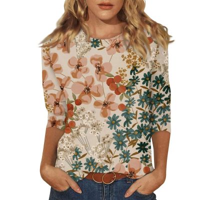3/4 Length Sleeve Womens Tops Dressy Casual Blouses - Spring Fashion 2026 Plus Size Crew Neck Fitted Tshirts - Business Going Out Trendy Tunics Tops Beach Vacation Outfits 02-Multicolor 2X