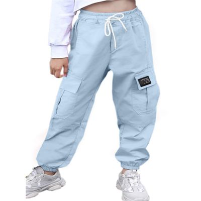 AOWKULAE Big Girls Pants, Drawstring Elastic Waist Loose Tapered Cargo Jogger Pants with Multi Pockets for Girl, S-Sky Blue, 11-12 Years = Tag 160
