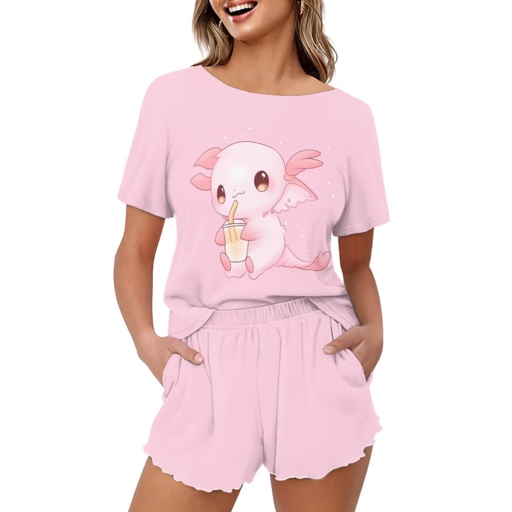 HELLHERO Cute Axolotl Pajamas Set Womens Two-Piece Pjs Sets Summer T-Shirt and Shorts Loungewear Sleepwear 2 Piece PJ Sets Jammies Home Holiday Night Clothes M