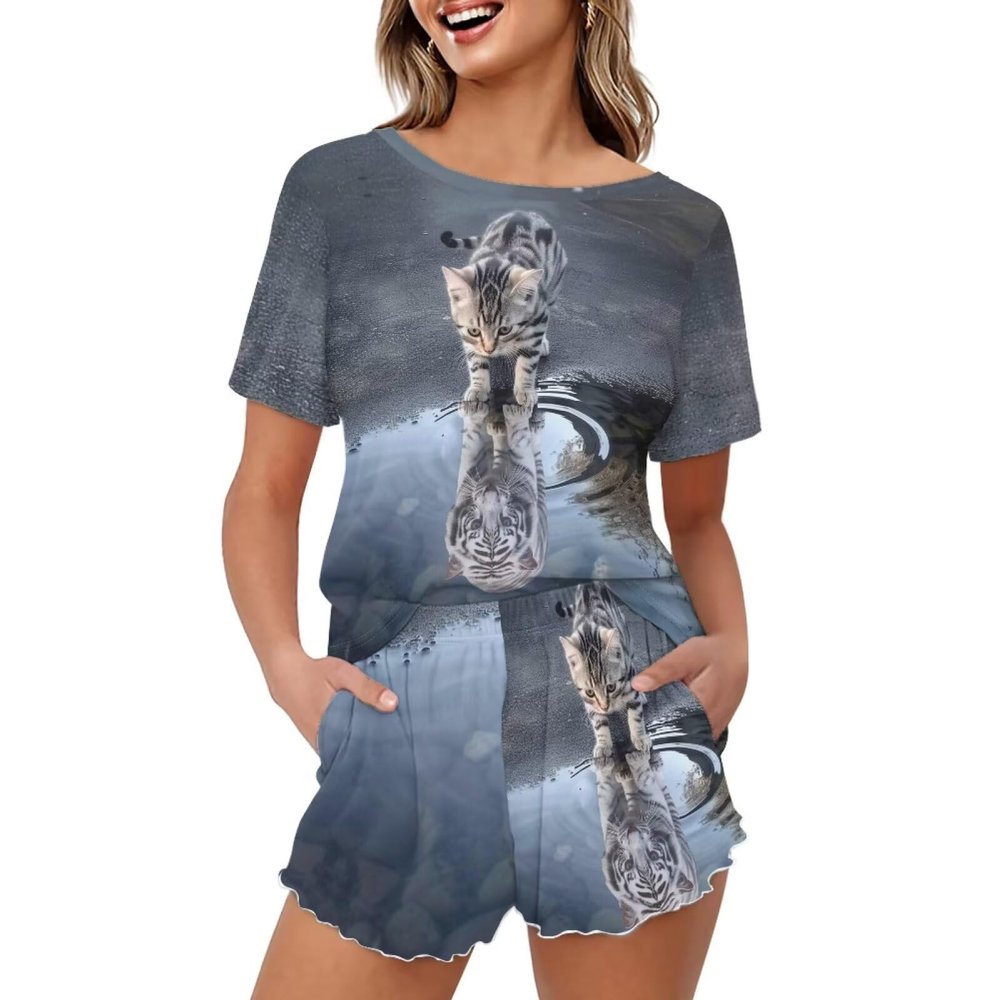 HELLHERO Women's 2 Piece Pajama Sets Cat Tiger Loungewear Two Piece Pjs Set with Pockets Summer Short Sleeve T-Shirt and Short Sleepwear Home Wedding Party 2X