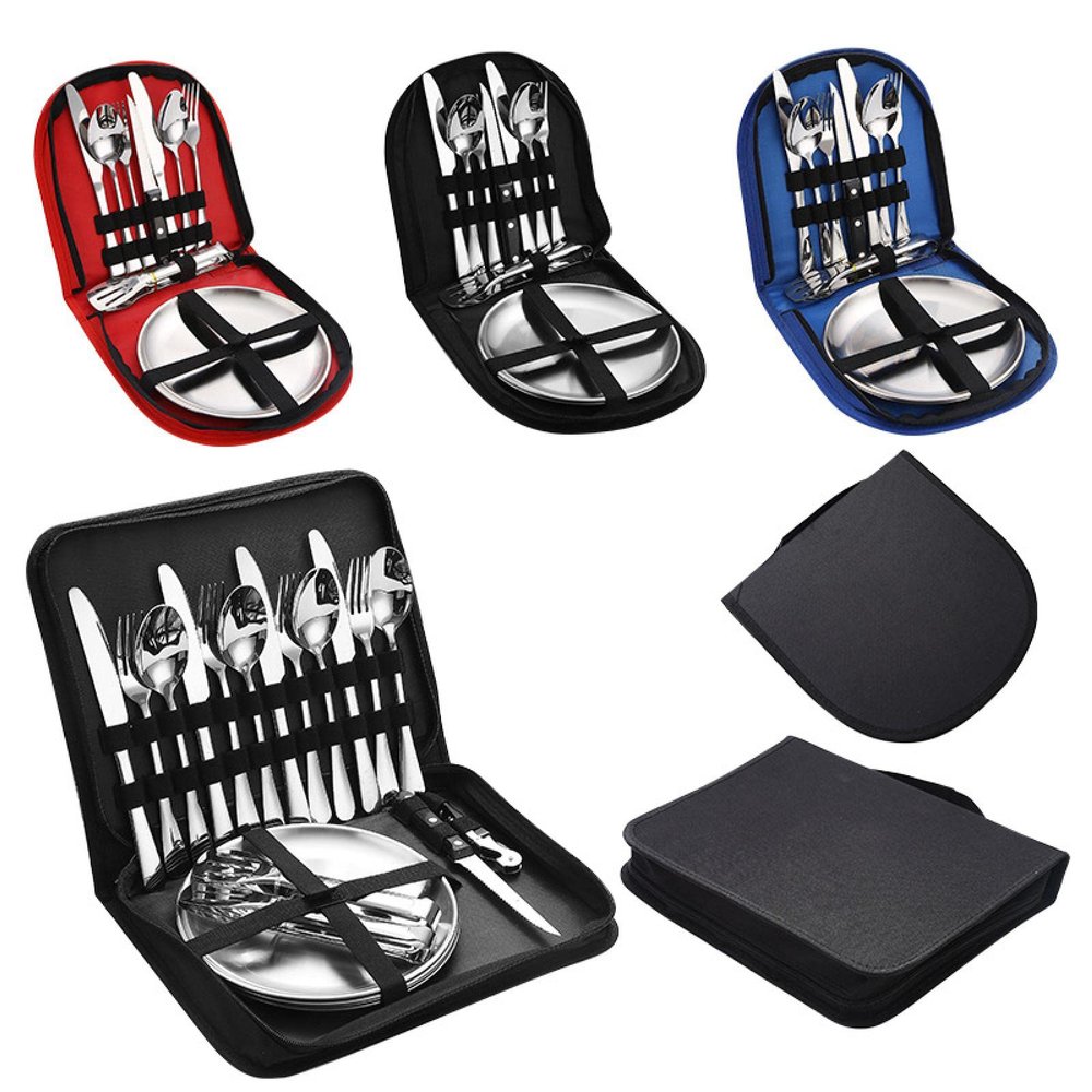 CQXKJSIQK Stainless steel outdoor cutlery camping picnic western food knife, fork and spoon dinner plate set, portable cloth bag