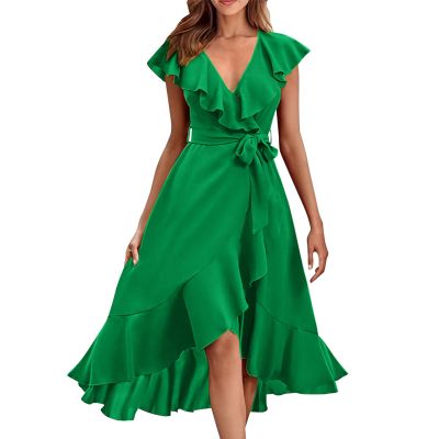 Women Summer Bohemian Floral Casual Wrap V Neck Ruffle Cap Sleeveless Belt A-Line Pleated Hem Midi Sun Dress White Short Sleeve Wrap Dress Floral Print V Neck Waisted Ruffle Hem Mini Dresses