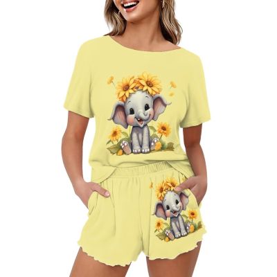 HELLHERO Sunflower Elephant Pajamas Set for Women's Casual Short Sleeve Tops with Lounge Shorts Two Piece Sleepwear Summer T Shirt Nightwear Outdoor Holiday Party 2X