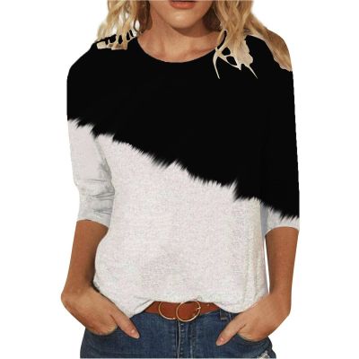 3/4 Length Sleeve Womens Tops Color Block Crew Neck T Shirt Cute Tunic Tops Casual Summer Tees