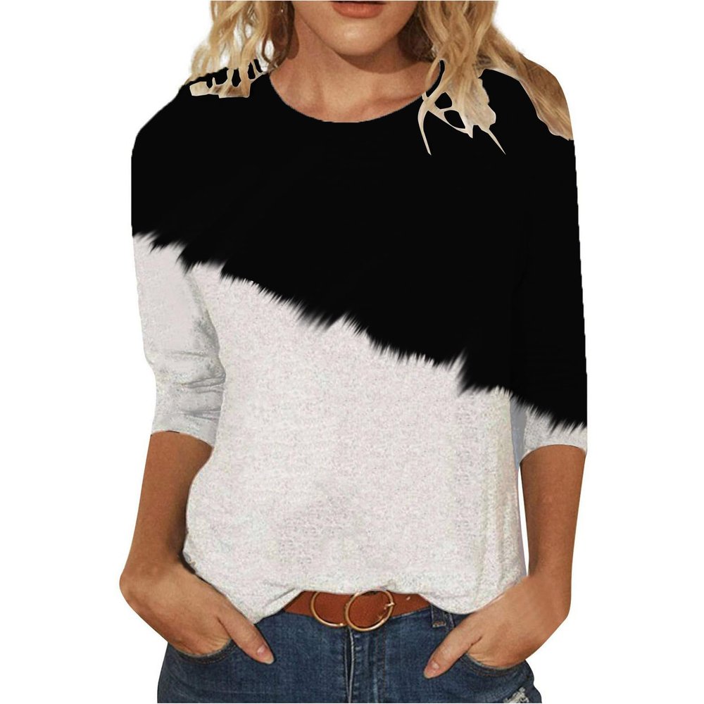 3/4 Length Sleeve Womens Tops Color Block Crew Neck T Shirt Cute Tunic Tops Casual Summer Tees