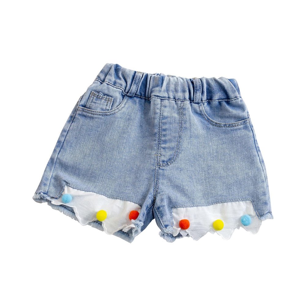NineFit Basics Little Girls Embroidered Elastic Waist Denim Shorts Ruffle Hem Toddler Baby Girl Summer Flower Jean (Blue-1, 2-3 Years)