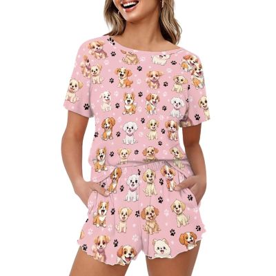 HELLHERO Pug Dog Pajamas for Women Pajama Set Short Sleeve Comfy Pjs Sets 2 Piece Lounge Set with Pockets Summer Loungewear Sleepwear Home Clothes Holiday Party XL