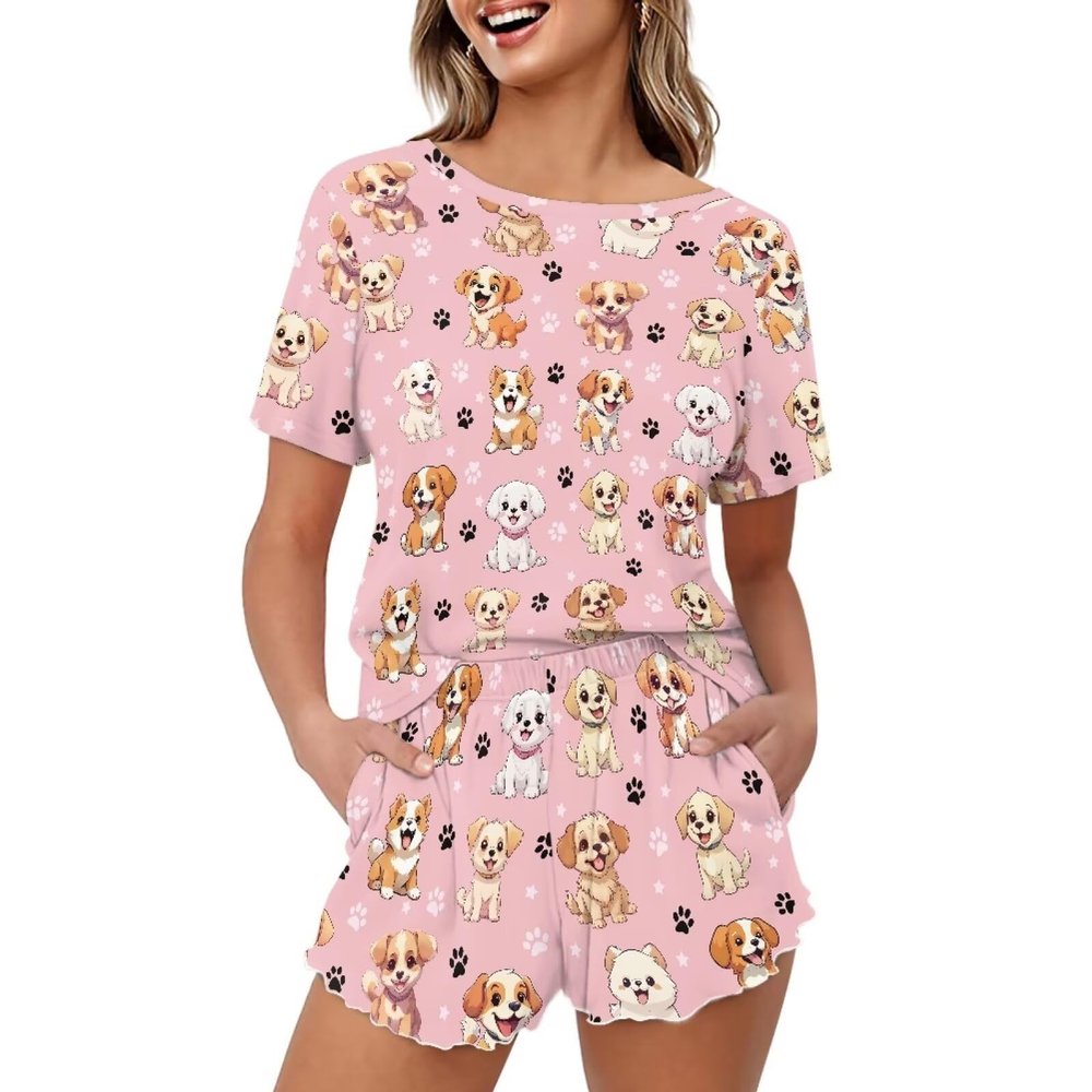 HELLHERO Pug Dog Pajamas for Women Pajama Set Short Sleeve Comfy Pjs Sets 2 Piece Lounge Set with Pockets Summer Loungewear Sleepwear Home Clothes Holiday Party XL