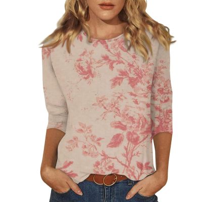 3/4 Length Sleeve Womens Tops Dressy Casual Blouses - Spring Fashion 2026 Plus Size Crew Neck Fitted Tshirts - Business Going Out Trendy Tunics Tops Beach Vacation Outfits 06-Pink M