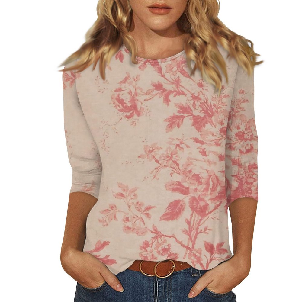 3/4 Length Sleeve Womens Tops Dressy Casual Blouses - Spring Fashion 2026 Plus Size Crew Neck Fitted Tshirts - Business Going Out Trendy Tunics Tops Beach Vacation Outfits 06-Pink M