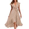 NineFit Basics Summer Dresses for Women 2024 Wrap V Neck Short Sleeve Belted Ruffle Hem A-Line Flowy Maxi Dresses Vacation Outfits Khaki, Large