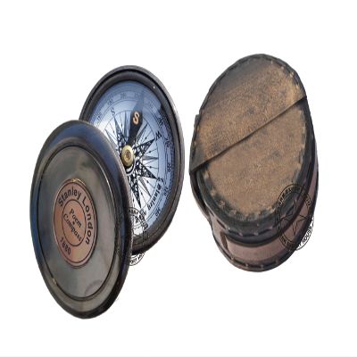 Brass Pocket Sundial Compass for Navigation Outdoor Activities Camping Hiking 2 inch with Black Leather Box (BOWQ)