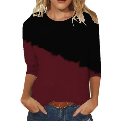 3/4 Length Sleeve Womens Tops Color Block Crew Neck T Shirt Cute Tunic Tops Casual Summer Tees