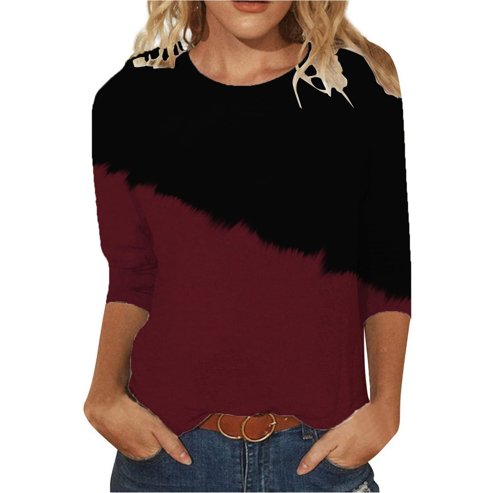 3/4 Length Sleeve Womens Tops Color Block Crew Neck T Shirt Cute Tunic Tops Casual Summer Tees
