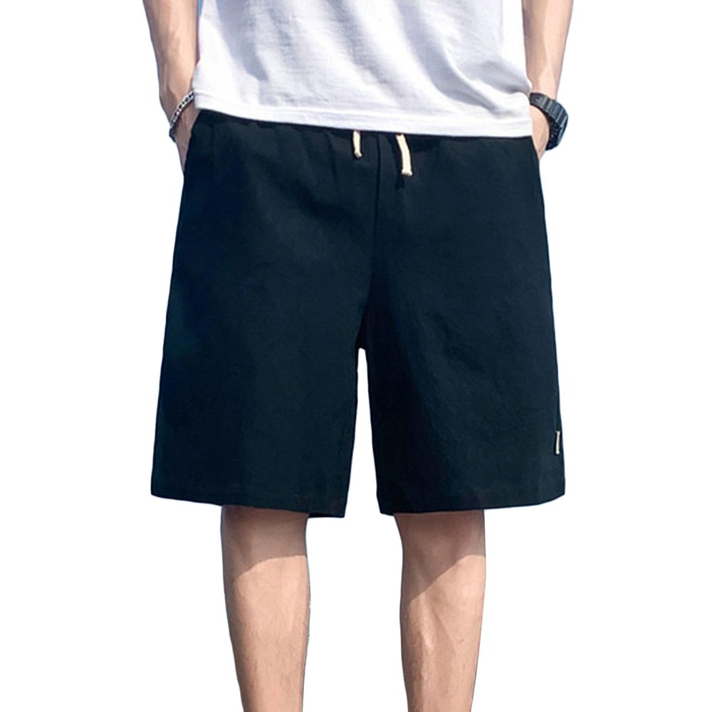 SWJGLITTR Men's Linen Cotton Short Pants Drawstring Elastic Waist Outdoor Shorts Summer Casual Lightweight Board Short (Black,X-Large)