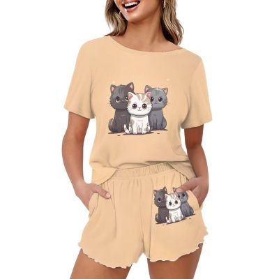 HELLHERO Cute Cat Pajamas Set for Women Teen Girls Short Sleeve T Shirt with Shorts Soft Summer Pjs Loungewear Sleepwear Nightwear Clothes Outdoor Holiday Party Wedding 4X