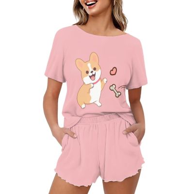 HELLHERO Corgi Dog Pajamas Set for Women 2 Piece PJ Sets Summer Short Sleeve T-Shirt and Short Loungewear Sleepwear Nightwear Outdoor Home Holiday Party Wedding XL