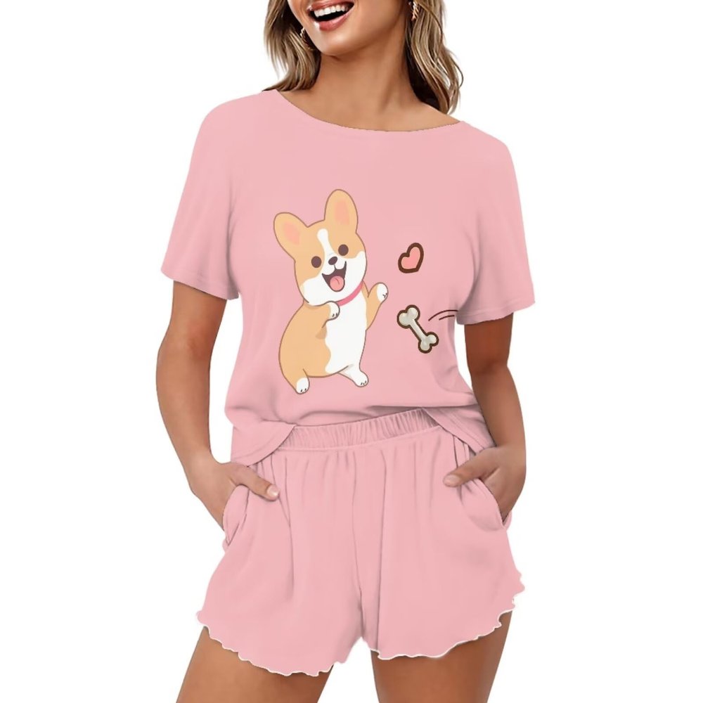 HELLHERO Corgi Dog Pajamas Set for Women 2 Piece PJ Sets Summer Short Sleeve T-Shirt and Short Loungewear Sleepwear Nightwear Outdoor Home Holiday Party Wedding XL