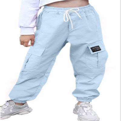 AOWKULAE Little Girls Pants, Drawstring Elastic Waist Loose Tapered Cargo Jogger Pants with Multi Pockets for Girl, S-Sky Blue, 7-8 Years = Tag 140