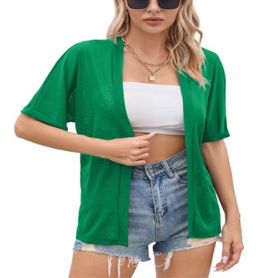 Iandroiy Women's Summer Lightweight Cardigan Short Sleeve Open Front Casual Loose Cover Ups (Large, Green)