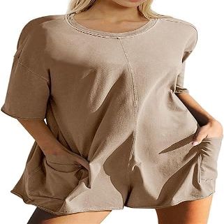 COALHO Women's Summer Oversized Tee Romper Casual Workout Back V Neck Workout T-shirt Rompers Pockets (Khaki,XXL), XX-Large