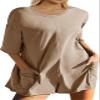 COALHO Women's Summer Oversized Tee Romper Casual Workout Back V Neck Workout T-shirt Rompers Pockets (Khaki,XXL), XX-Large view 1