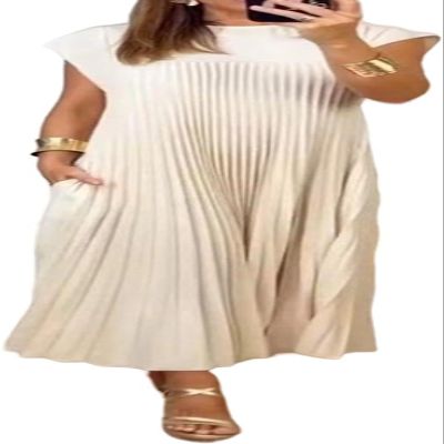 QARMAX Women Pleated Simple Solid Color Dress, Women's Pleated Dress, Round Neck Solid Loose Summer Long Dress (D,L), Large