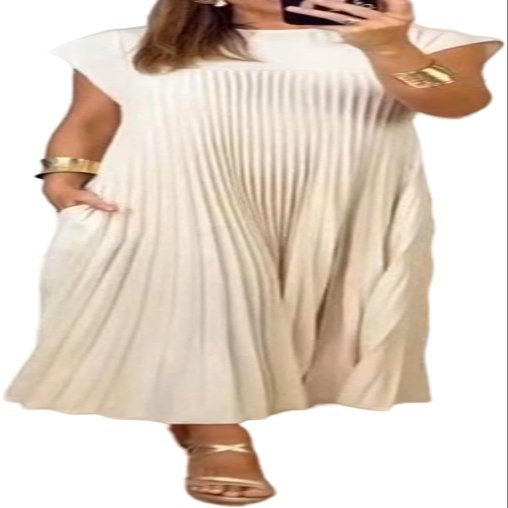 QARMAX Women Pleated Simple Solid Color Dress, Women's Pleated Dress, Round Neck Solid Loose Summer Long Dress (D,L), Large