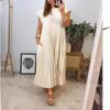 QARMAX Women Pleated Simple Solid Color Dress, Women's Pleated Dress, Round Neck Solid Loose Summer Long Dress (D,L), Large view 2
