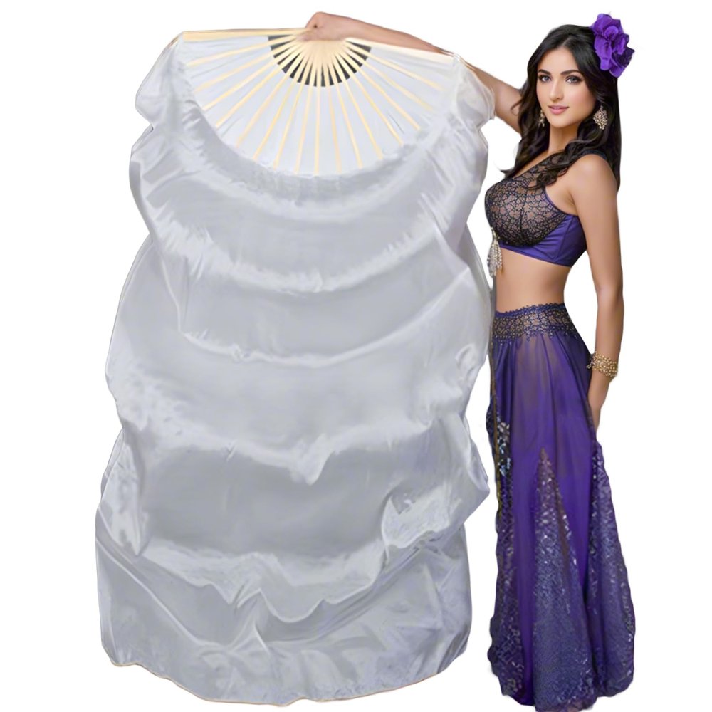 1 Pair Women Real Silk Belly Dance Fan Veils - Handmade Long Bamboo Fans for Professional Dancing 180cm * 90cm (Left+Right) (White)