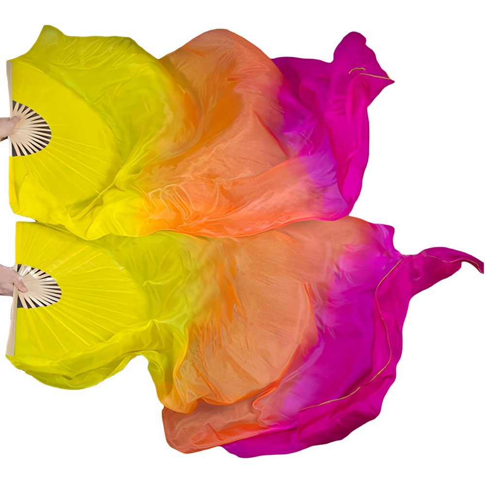 1 Pair Women Real Silk Belly Dance Fan Veils - Handmade Long Bamboo Fans for Professional Dancing 180cm * 90cm (Left+Right) (Gradual Yellow)