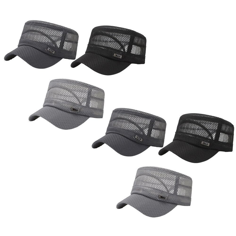 BudgetBundles US 3-6 Pack Summer Men's Mesh Flat Cap Army Hat Cadet Castro Military Patrol Bas (Black+Dark Gray+Light Gray,6 Pack)