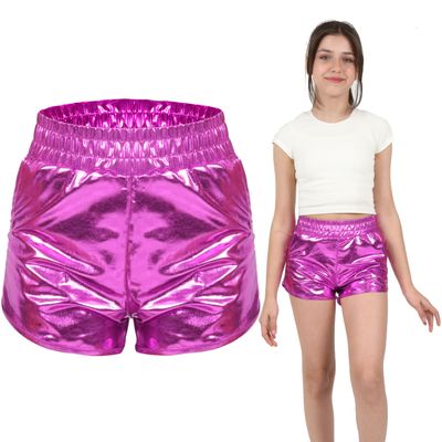 ERDEM KIDS Girls Metallic Hot Shiny Sparkly Party Dance Outfits Casual Sport Atletic Shorts Pants(MS Fuschia 8-9 Years)