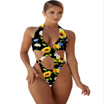 ebossy Women's Monokini Swimsuit Sexy Halter Plunge V Neck Cutout Bikini Bathing Suits (8, Floral-7)