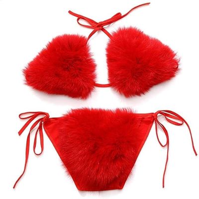 Women's Faux Fur Halter String Triangle Bikini Sets Two Piece Swimsuits Furry Pool Party Bathing Suit Crop Top Clubwear Red