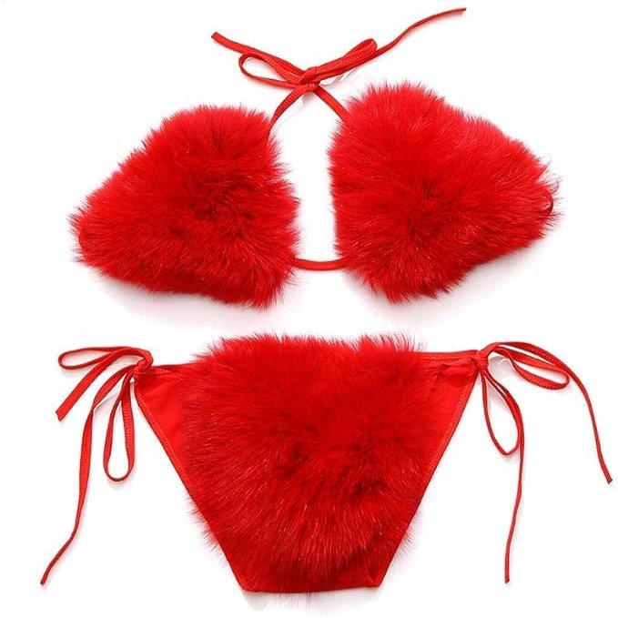 Women's Faux Fur Halter String Triangle Bikini Sets Two Piece Swimsuits Furry Pool Party Bathing Suit Crop Top Clubwear Red