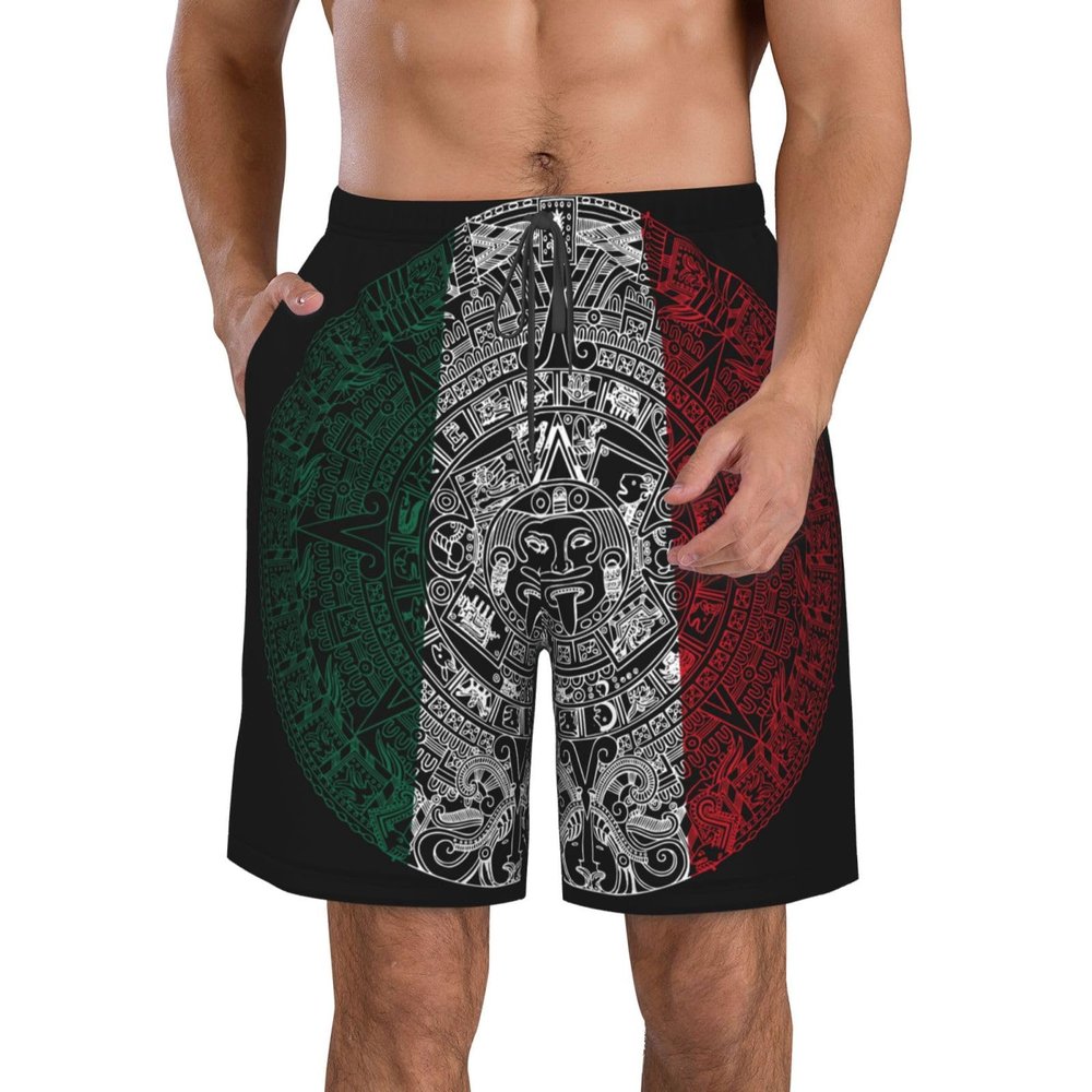 NineFit Basics Men's Beach Shorts, Mexico Aztec Calendar Shorts Elastic Waist Drawstring Lightweight Summer Casual Shorts with Pocket, Small
