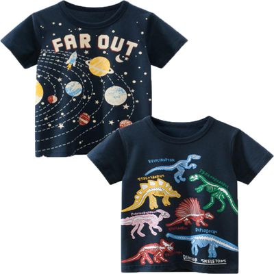ALEXZV Toddler Boy' Shirts 2 Packs Dinosaur Short Sleeve Tops T-Shirt Size for 3-6 Years (US, Age, 4 Years, Solar System Dinosaurs)
