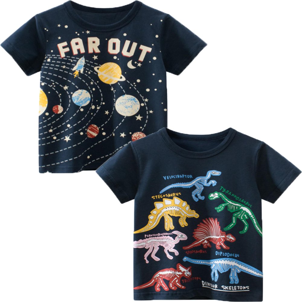 ALEXZV Toddler Boy' Shirts 2 Packs Dinosaur Short Sleeve Tops T-Shirt Size for 3-6 Years (US, Age, 4 Years, Solar System Dinosaurs)