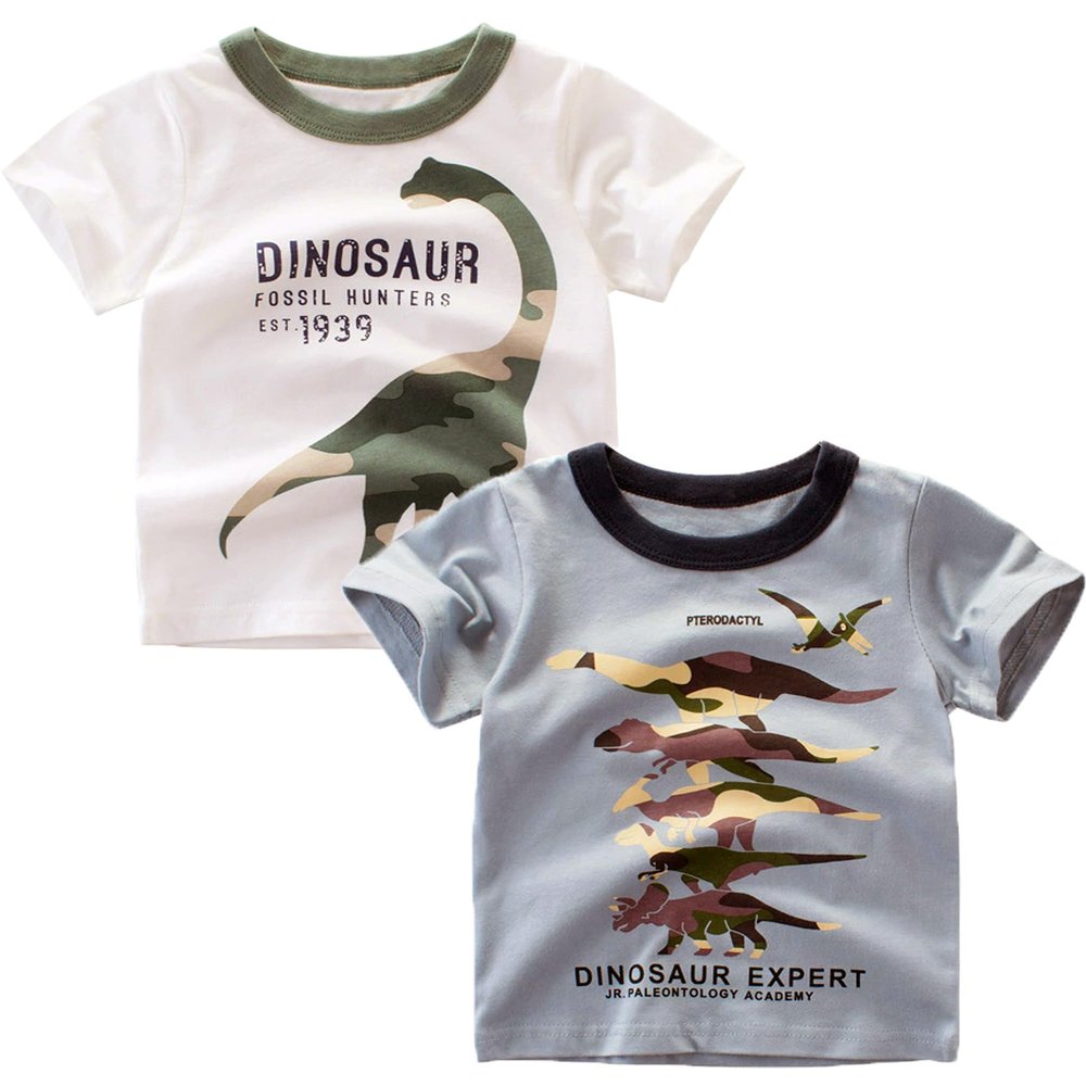ALEXZV Toddler Boy' Shirts 2 Packs Dinosaur Short Sleeve Tops T-Shirt Size for 3-6 Years (US, Age, 4 Years, White)