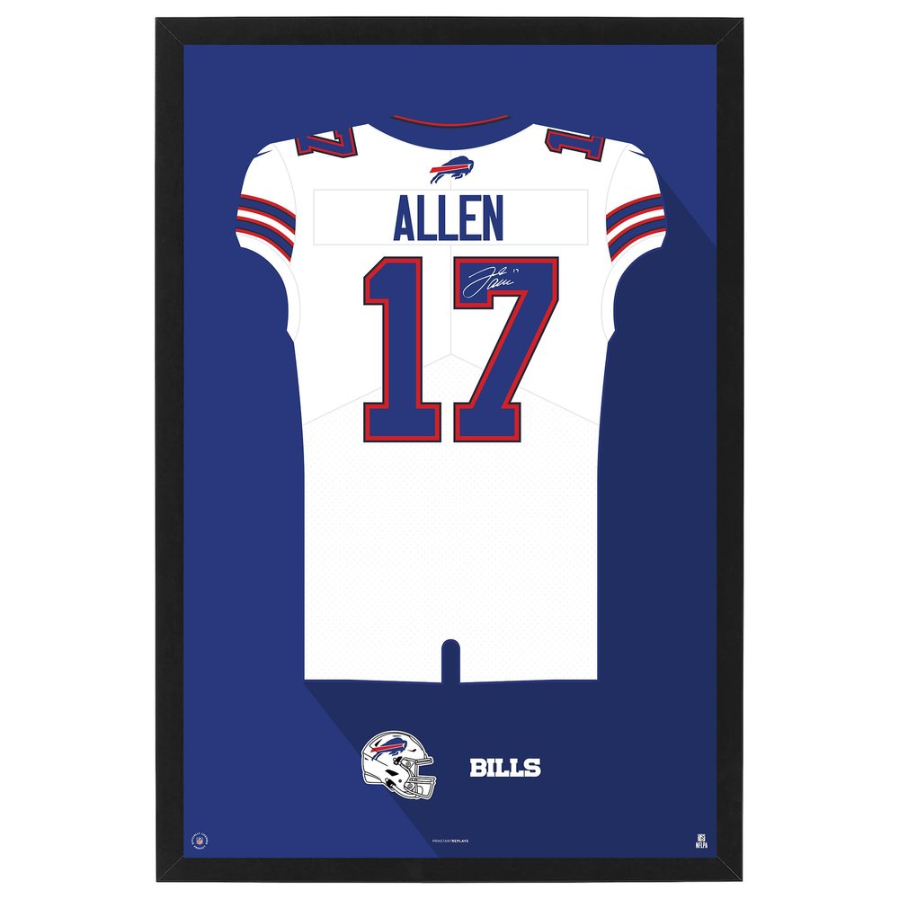 Sporticulture NFL American Football Buffalo Bills - Josh Allen Jersey Print Framed Wall Art Picture Poster for Boys Bedroom and Man Cave Decor - Ready to Hang, White 19.5" x 25", Medium