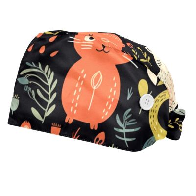 2-Pc,Bouffant Nurse Hats,Workout Hat with Buttons and Cotton Sweatband,Cat Bird Dog and Flower