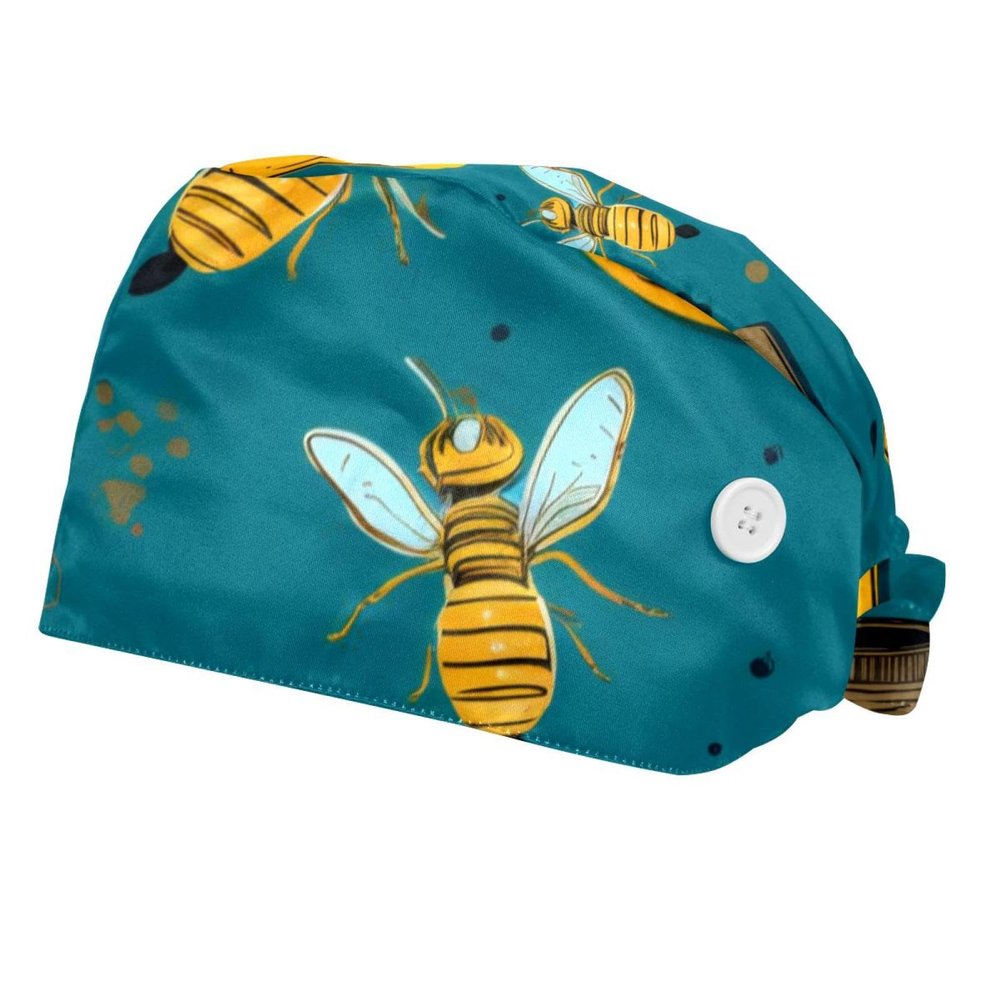 2-Pc,Bouffant Nurse Hats,Scrub Cap Adjustable Scrub Hats with Sweatband,Bee Honey