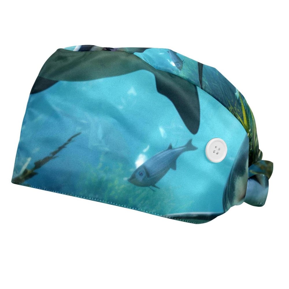 2-Pc,Bouffant Nurse Hats,Scrub Cap Adjustable Scrub Hats with Sweatband,Angry Shark in Forest Ocean