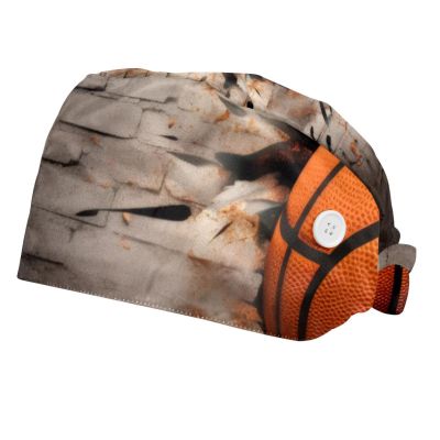 2-Pc,Bouffant Nurse Hats,Scrub Cap Adjustable Scrub Hats with Sweatband,3D Pattern Basketball Wall