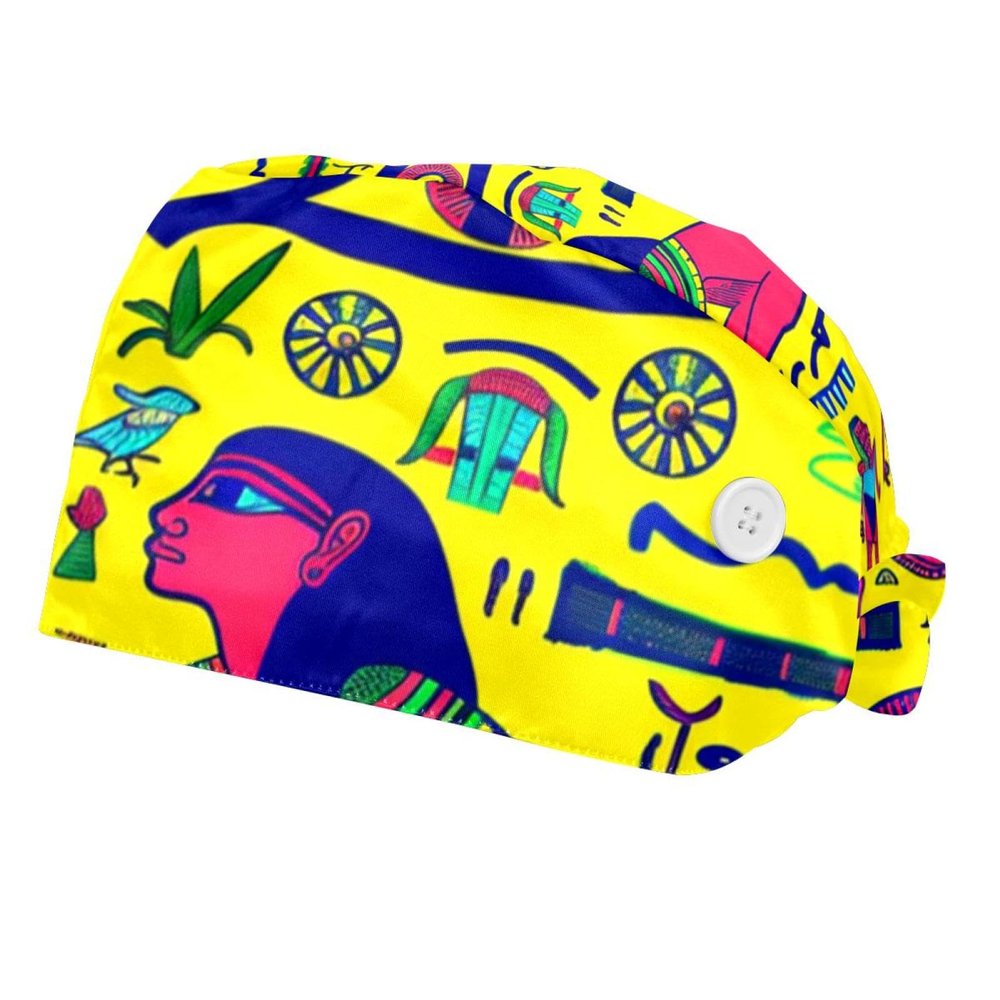 2-Pc,Bouffant Nurse Hats,Scrub Cap Adjustable Scrub Hats with Sweatband,Egyptian Ethnic Retro Boho