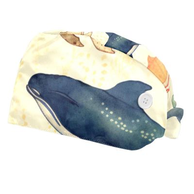 2-Pc,Bouffant Nurse Hats,Scrub Cap Adjustable Scrub Hats with Sweatband,Art Whale Animal Illustration