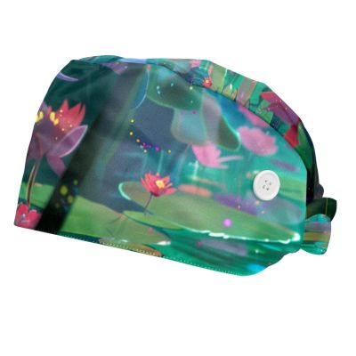 2-Pc,Bouffant Nurse Hats,Workout Hat with Buttons and Cotton Sweatband,Forest Flower Blossom Elf