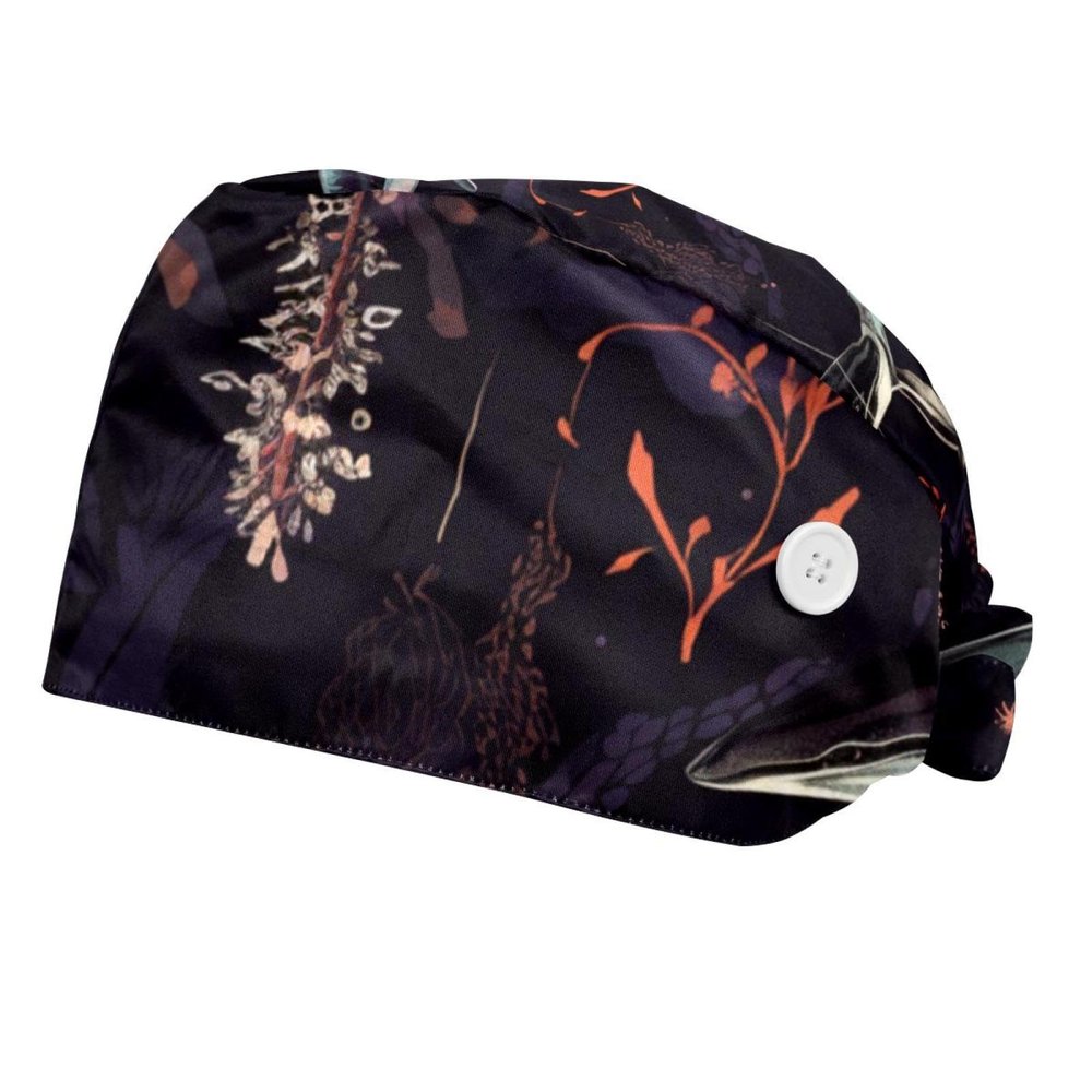 2-Pc,Bouffant Nurse Hats,Scrub Cap Adjustable Scrub Hats with Sweatband,Abstract Feather Print Whales
