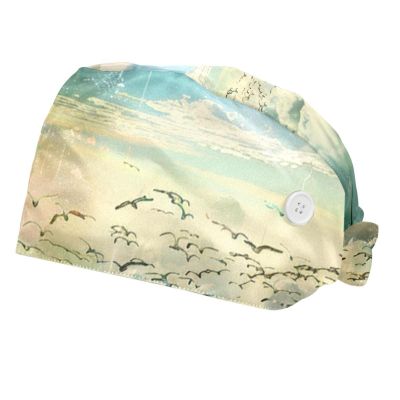2-Pc,Bouffant Nurse Hats,Scrub Cap Adjustable Scrub Hats with Sweatband,Cloud Mountain Bird Landscape